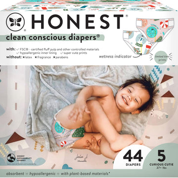 The Honest Company Comfort Dry Disposable Diapers, Plant-Based Sustainable, Winter 24 Seasonal Prints, Club Box, Size 5 (27 lbs