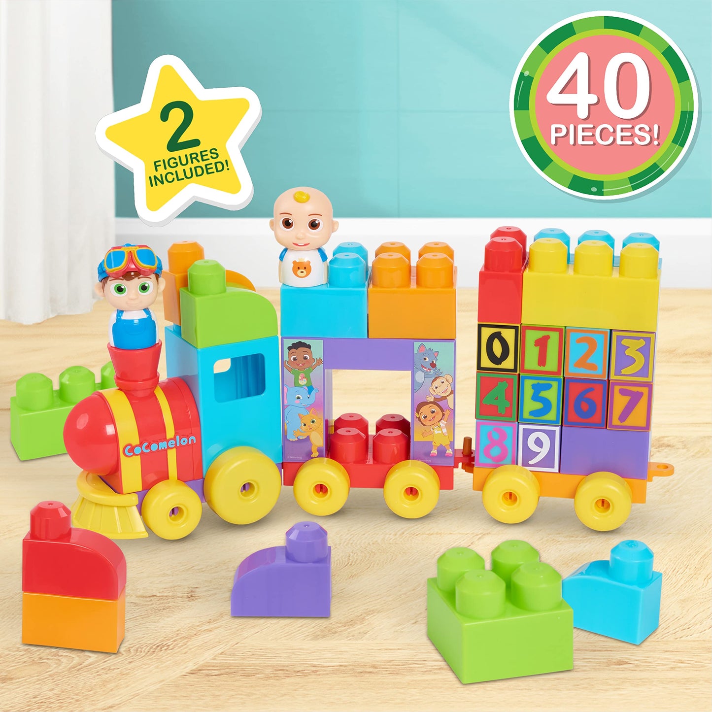 CoComelon Stacking Train, 40 Piece Large Building Block Set, 2 Figures, Colors, Numbers, Officially Licensed Kids Toys for Ages