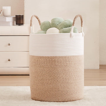 MOJOSCEND Hamper Laundry Basket Woven Clothes Hamper Cotton Rope Blanket Basket in Living Room Bathroom Bedroom Brown