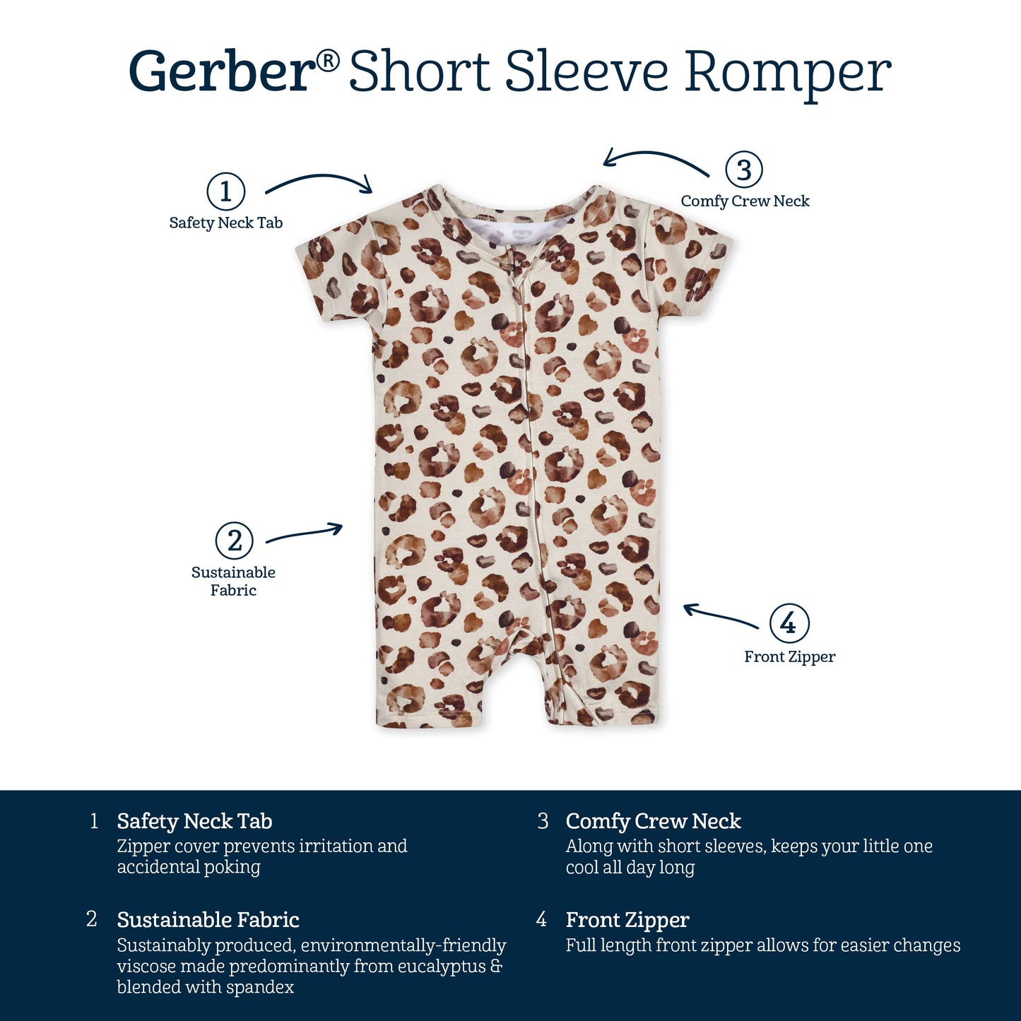 Gerber Unisex Baby Buttery Soft Short Sleeve Romper With Viscose Made From Eucalyptus, Leopard, 0-3 Months