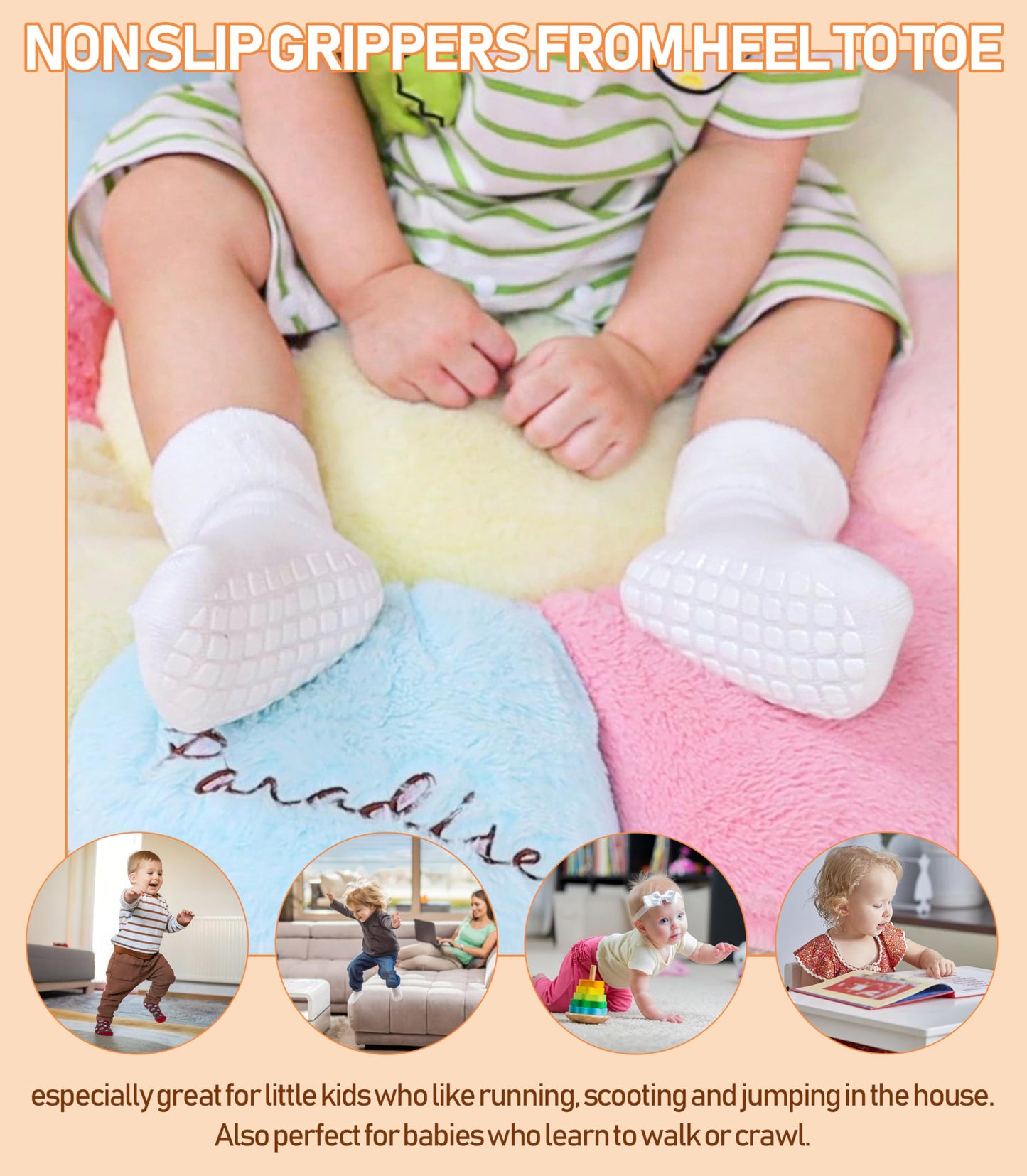 Lanleo Baby Girls Boys Non Slip Socks With Grips Toddler Kids Unisex Warm Thick Cotton Ankle Crew Socks With Grippers 6 Pairs Wh