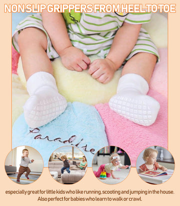 Lanleo Baby Girls Boys Non Slip Socks With Grips Toddler Kids Unisex Warm Thick Cotton Ankle Crew Socks With Grippers 6 Pairs Wh