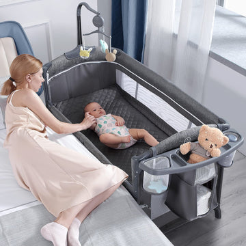 Babybond Baby Bassinet Bedside Crib, Pack And Play With Sheet, Diaper Changing Table And Music Mobile From Newborn To Toddles, P