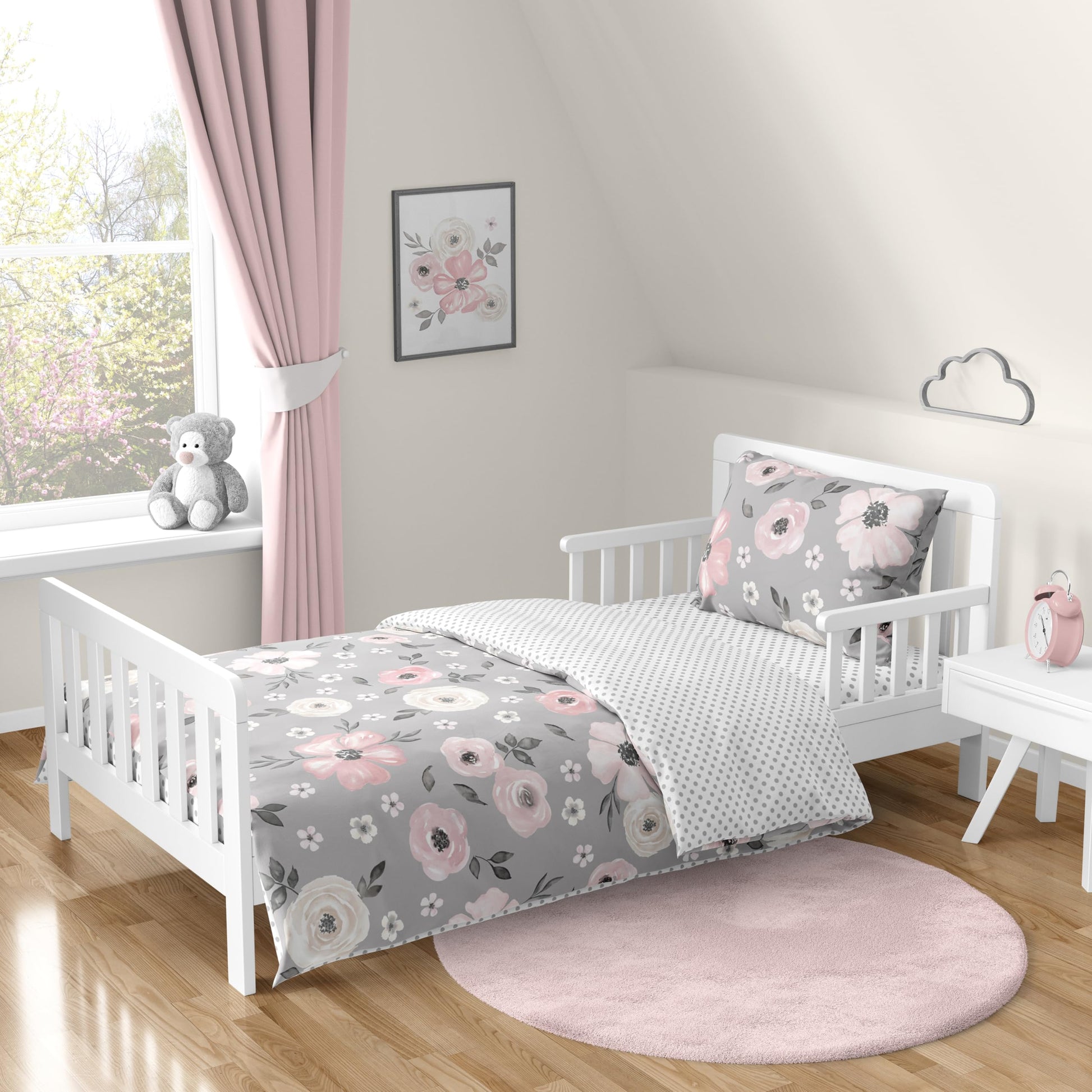 Sweet Jojo Designs Grey Watercolor Floral Girl Toddler Kid Childrens Comforter Bedding Set - 5 Pieces Comforter, Sham And Sheets