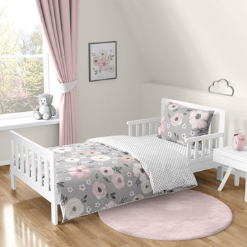Sweet Jojo Designs Grey Watercolor Floral Girl Toddler Kid Childrens Comforter Bedding Set - 5 Pieces Comforter, Sham And Sheets