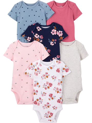 Simple Joys By Carter'S Baby Girls' Short-Sleeve Bodysuit, Pack Of 6, Multicolor/Ditsy Floral/Floral/Polka Dot/Tropical, 6-9 Mon