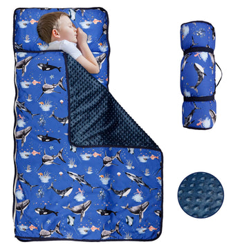 Toddler Nap Mat With Removable Pillow And Soft Dot Minky Blanket, Pea Pod Kids Shark Napping Mats Extra Large Rolled Slumber Bag