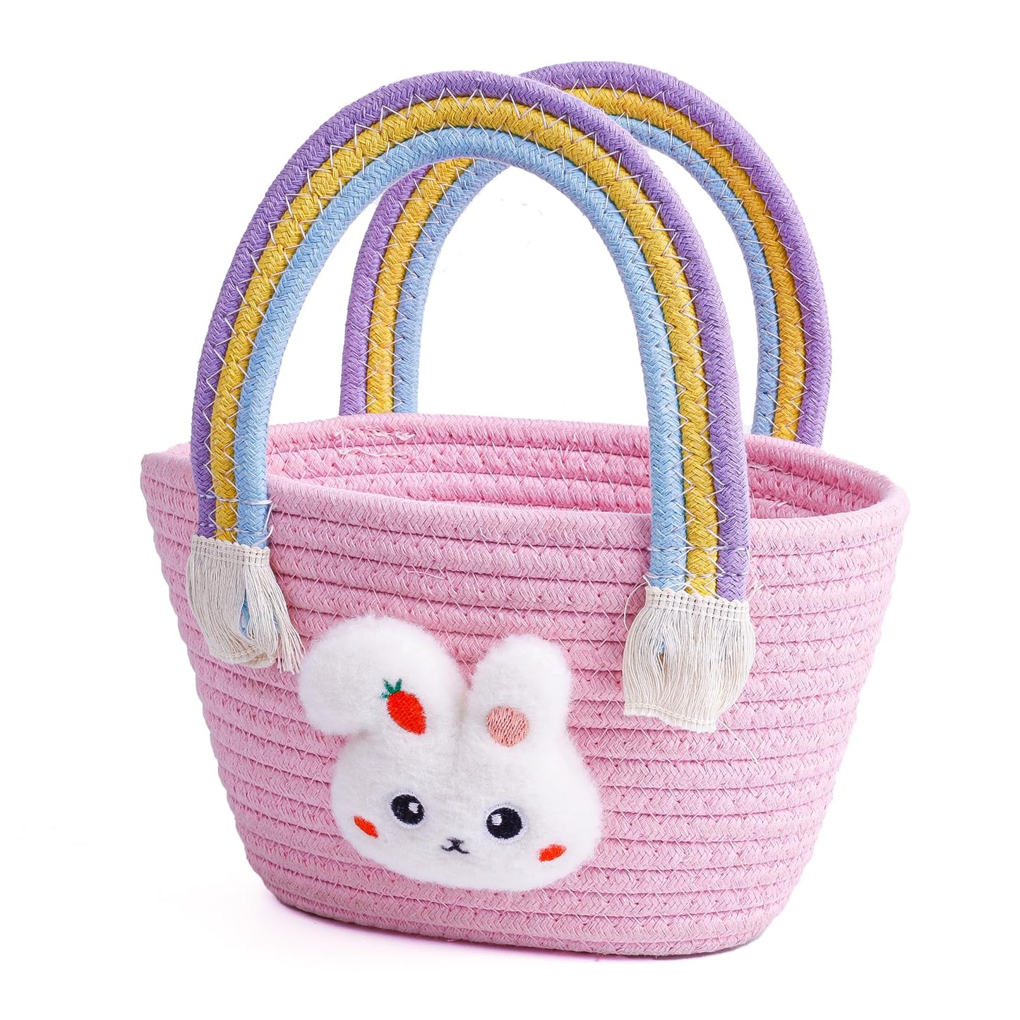 Exun Bunny Basket for Kids, Cute Cotton Tote Bag Hand-Woven Handbag with Rainbow Handles, Easter Egg Hunt Basket Bags for Boys, 