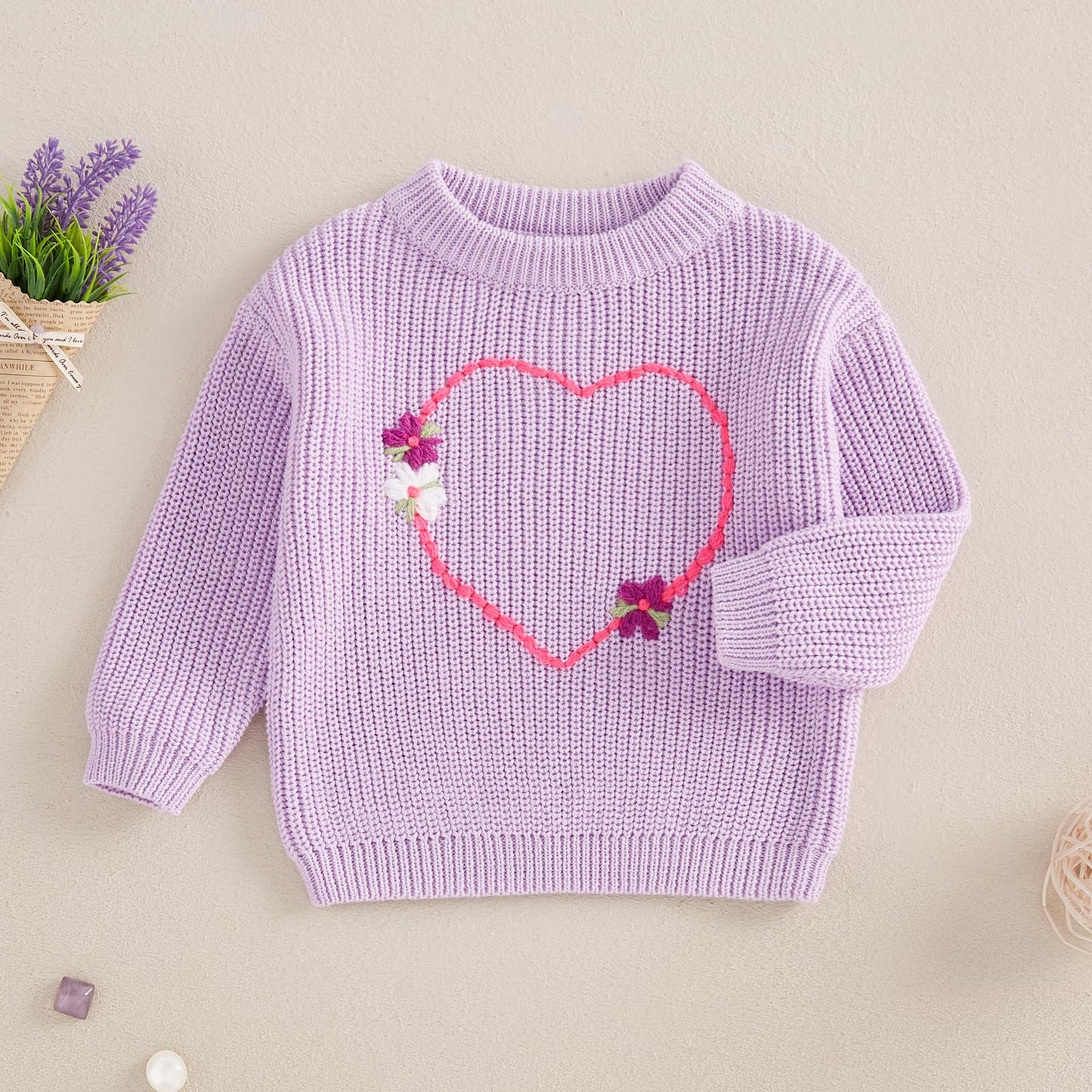 Baby Girl Cute Long Sleeve Heart Flowers Embroidery Oversized Sweater Toddler Valentine Outfit (Purple, 2-3 Years)