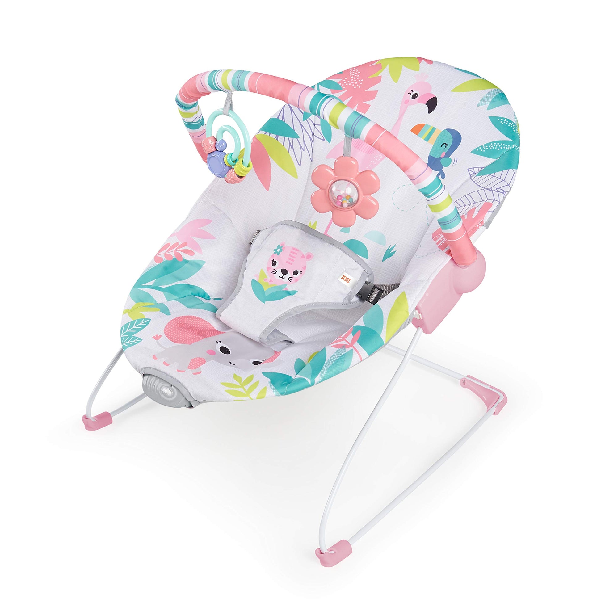 Bright Starts Baby Bouncer Soothing Vibrations Infant Seat - Removable-Toy Bar, Nonslip Feet, 0-6 Months Up to 20 lbs (Flamingo 