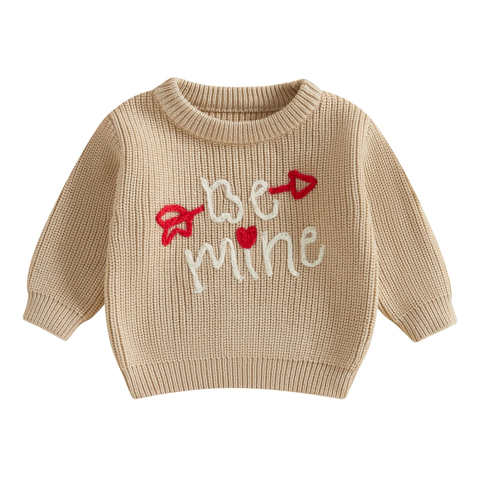 Nokpsedcb Baby Girl Cute Long Sleeve Heart Flowers Embroidery Oversized Sweater Toddler Valentine Outfit (Khaki Be Mine, 2-3 Yea