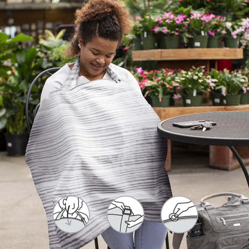 Boppy Nursing Cover For Breastfeeding, Gray Watercolor Stripes, Apron Style With Storage Pocket, Rigid Neckline To See Baby Whil