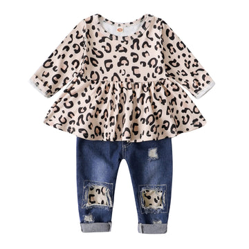 Xuanhao Infant Girl Clothes Cute Baby Girl Clothing Long Sleeve Leopard Tops Ripped Denim Jeans 2Pcs Baby Girl Fall Winter Cloth