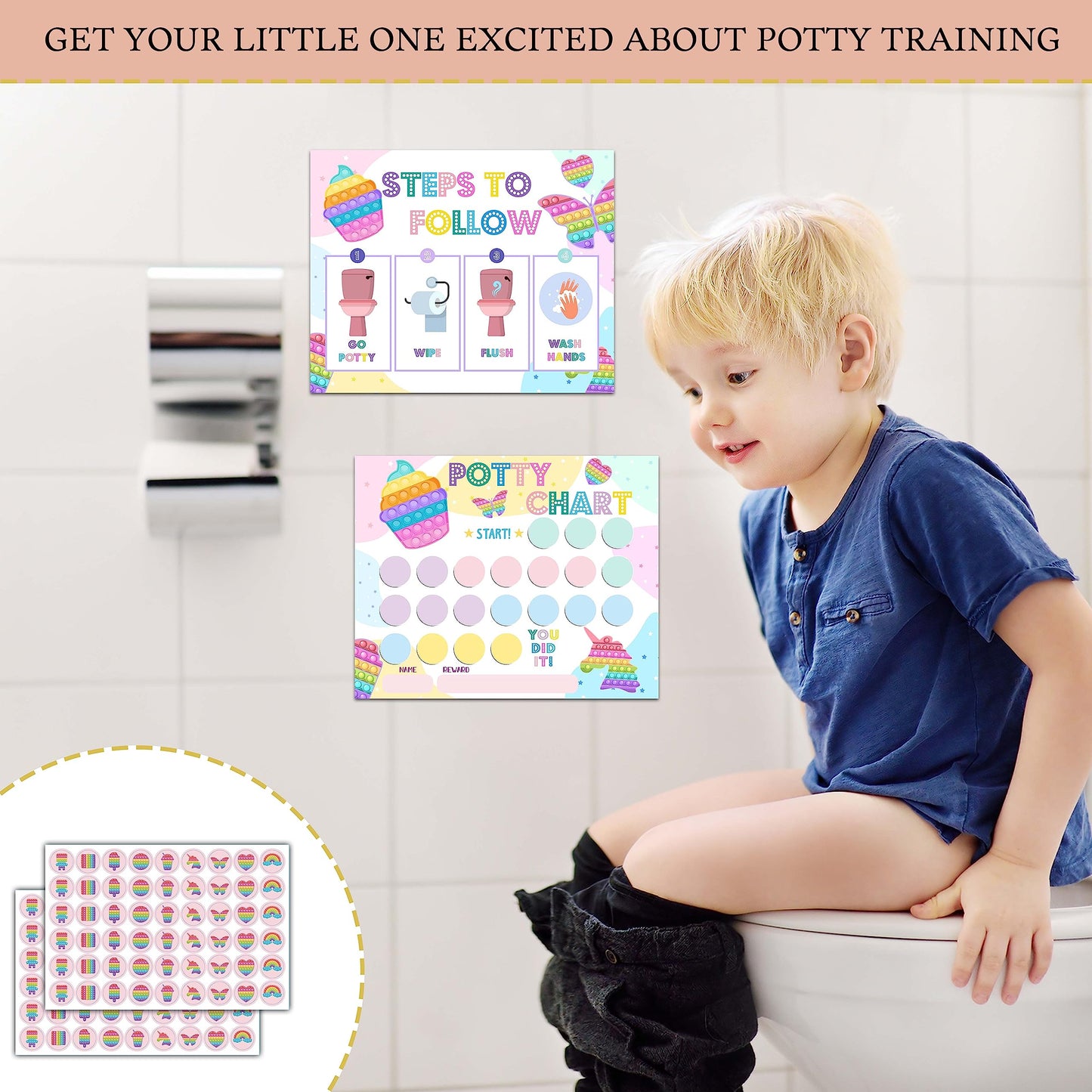 Pop It Potty Training Sticker Chart, 20 Potty Charts With 432 Round Stickers & 1 Instruction Sheet, Potty Reward Sticker Chart F