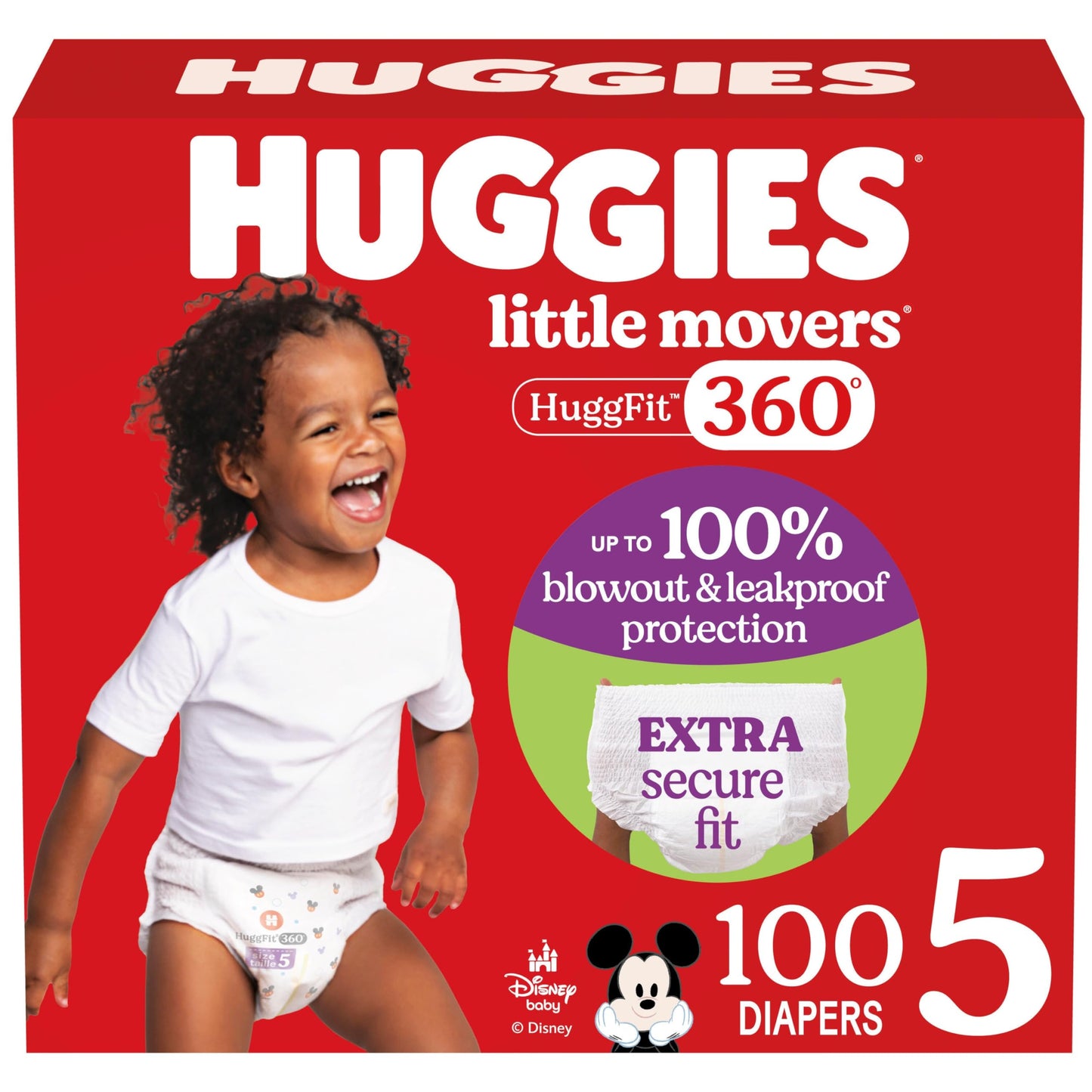 Huggies Size 5 Baby Diapers, Little Movers HuggFit 360 Baby Diapers with 360 Waistband, Size 5 (27+ lbs), 100 Count, Packaging M