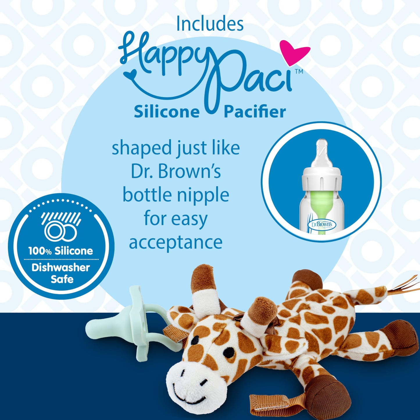 Dr. Brown'S Baby Lovey Pacifier & Teether Holder, 0-12M, Giraffe With Light Green Happypaci, 100% Silicone, 0-6 M (Packaging May