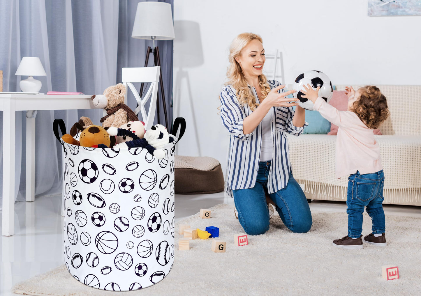 Kunro Large Sized Round Storage Basket Waterproof Coating Organizer Bin Laundry Hamper For Nursery Clothes Toys (Sports Ball)