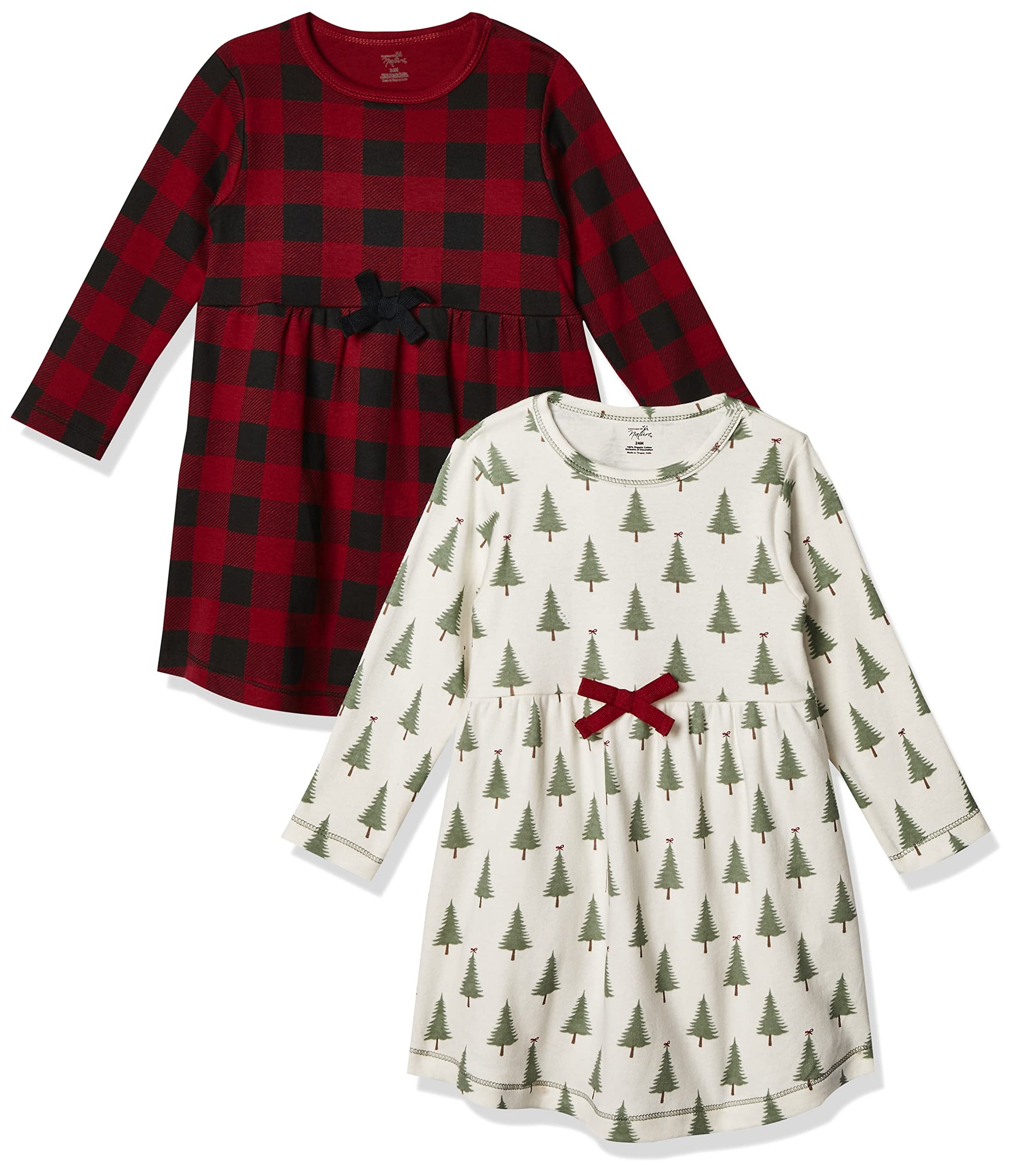 Touched By Nature Girls, Toddler, Baby And Womens Organic Cotton Short-Sleeve And Long-Sleeve Dresses, Tree Plaid Long Sleeve, 1