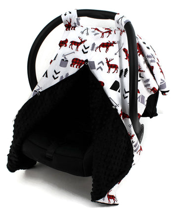 Dear Baby Gear Car Seat Canopy, Woodland Adventure Bear Moose Plaid, Minky Black