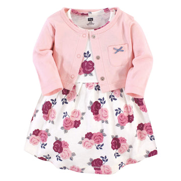 Hudson Baby Girls' Cotton Dress And Cardigan Set, Blush Floral, 9-12 Months