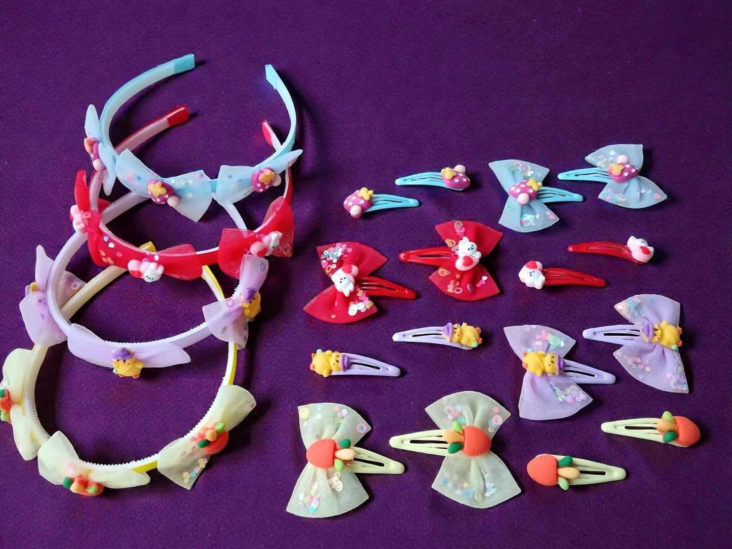 Neobaby Hair Accessories Set, Bow Style Headbands And Tic Tac Hair Clips, Multicolor With Cartoon, Fruits, Animal & Flower Multi