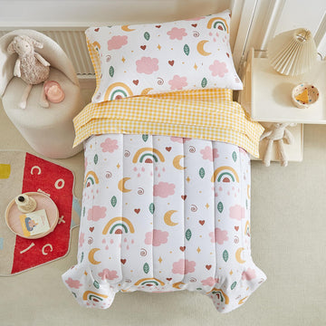 Joyreap 4 Piece Toddler Bedding Set For Girls- Pink N Yellow Clouds Moon Rainbow Lovely Design, Microfiber Toddler Bedding Comfo