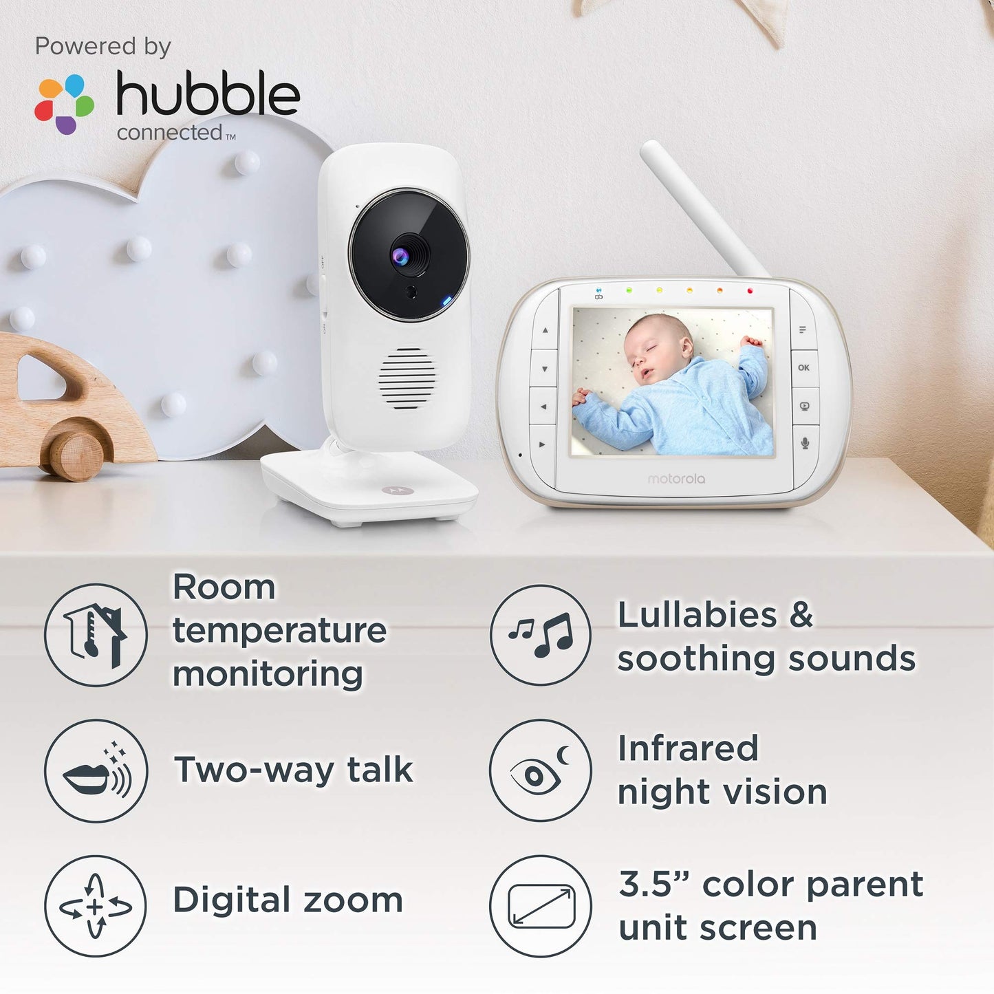 Motorola Indoor Baby Smart Video Baby Monitor With Wi-Fi & 3.5' Color Lcd Parent Unit, Night Vision, Two-Way Audio, Room Temper