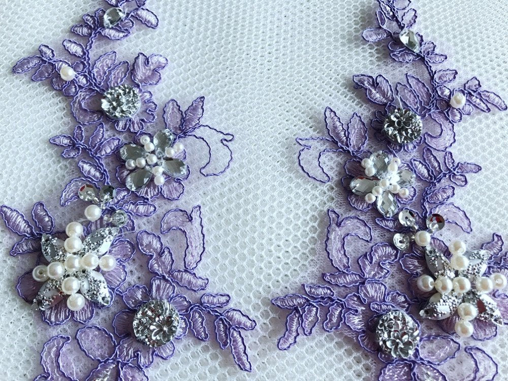 Wtbv.N 23X9Cm Sew On Beaded Rhinestones Light Purple Lace Applique Veil Manual Diy Accessories 2Pcs/Bag