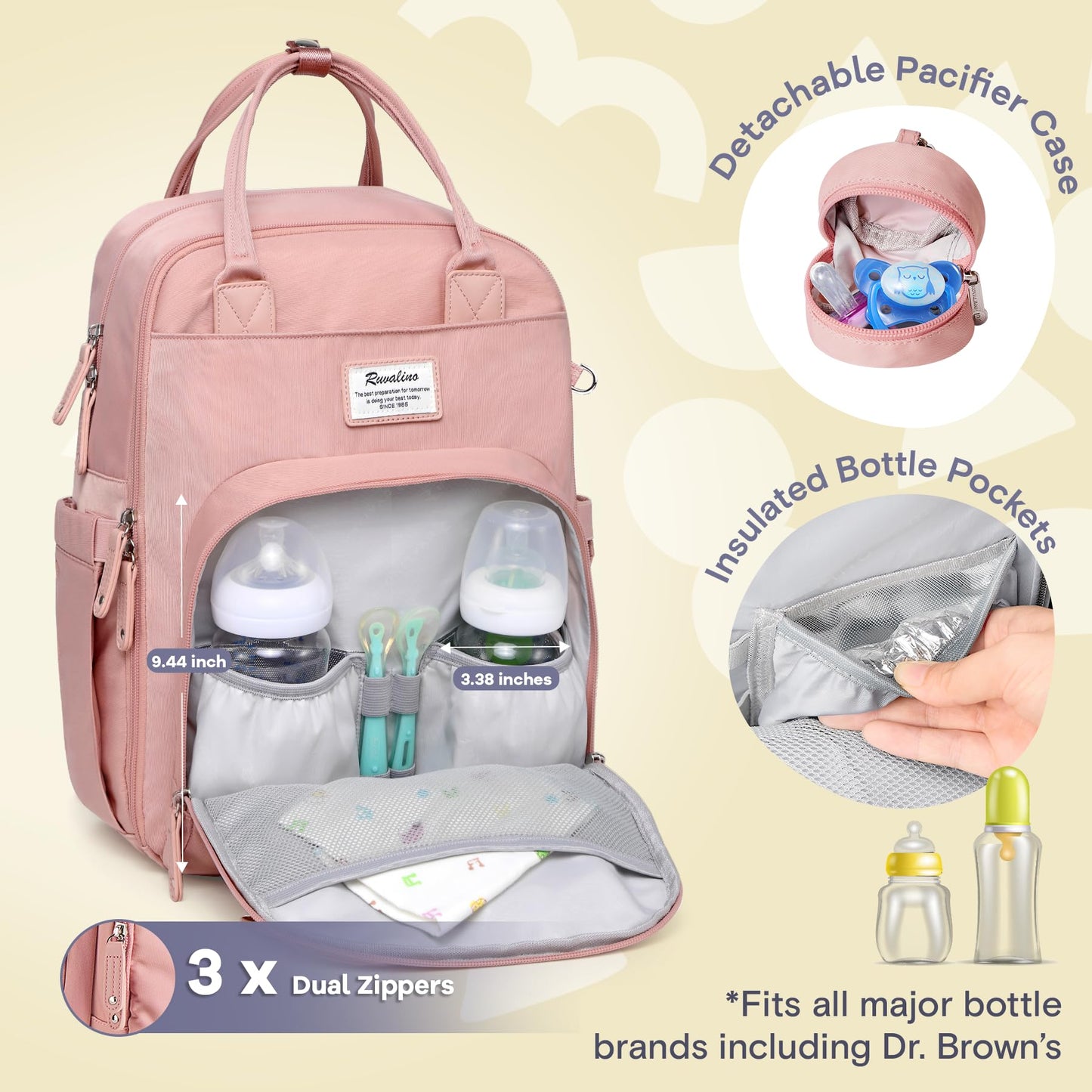 Ruvalino Diaper Bag Backpack, Multifunction Travel Pack Maternity Baby Changing Bags, Large Capacity, Waterproof, Pink