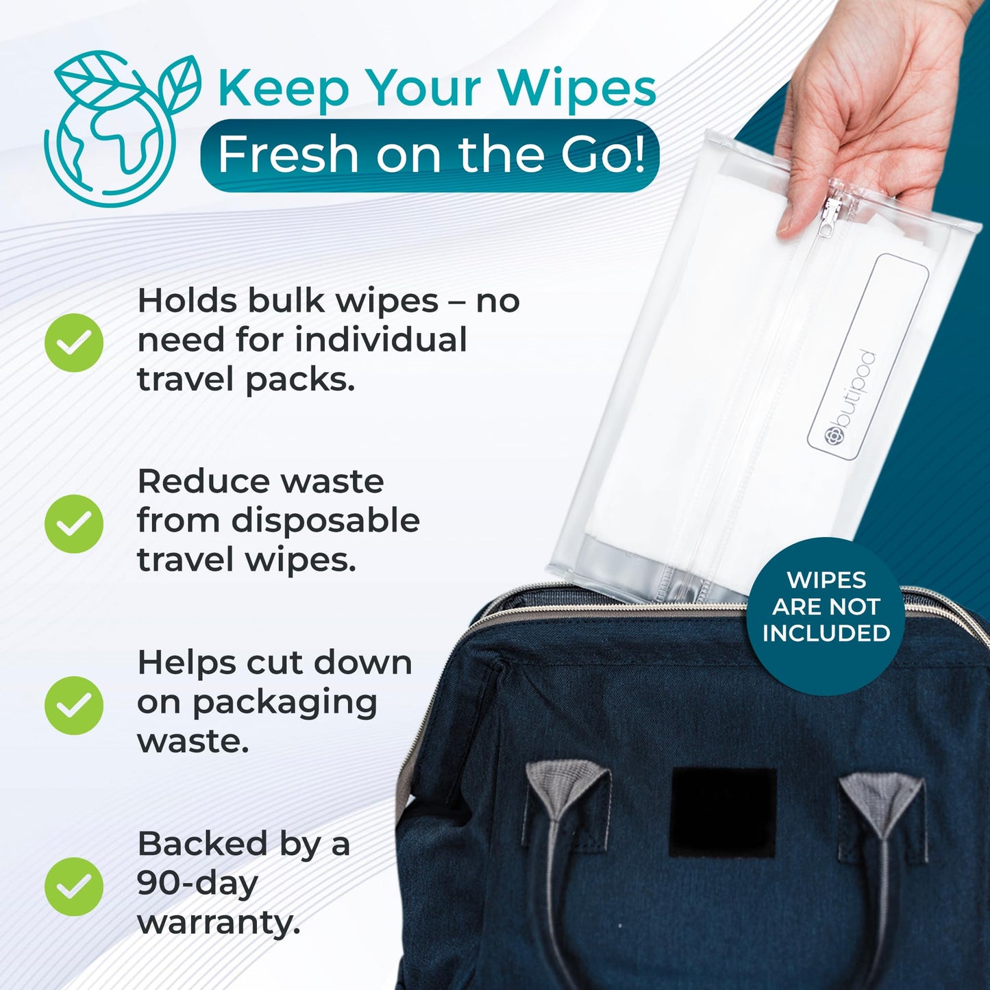Butipods Reusable Travel Wipes Case - Portable Moisture-Retaining Pouch, Slim Holder And Convenient Container For Diaper Bag, Di