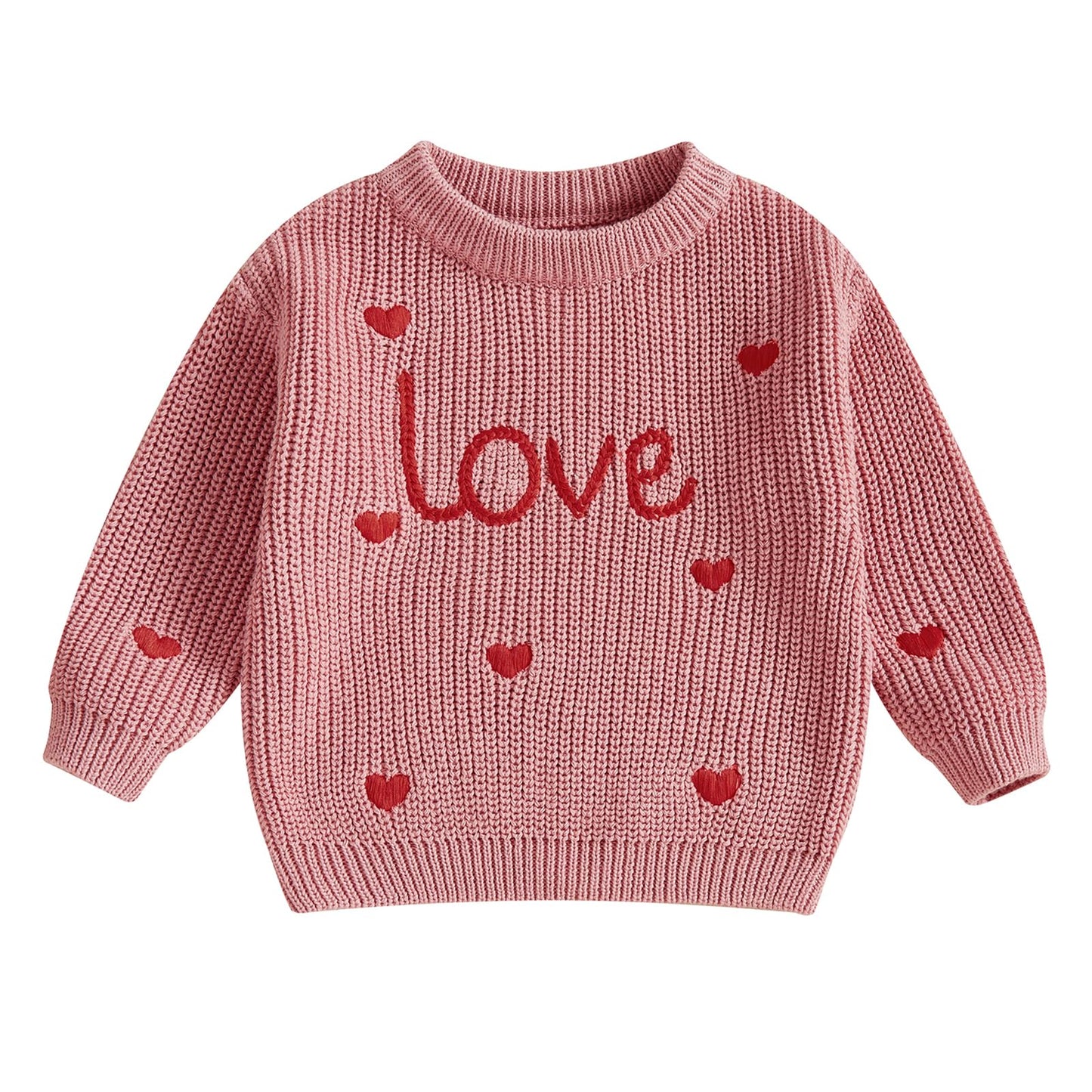 Baby Girl Chunky Knit Sweater Long Sleeve Crewneck Embroidery Sweatshirt Toddler Pullover Tops Warm Clothes (Valentines Day Love