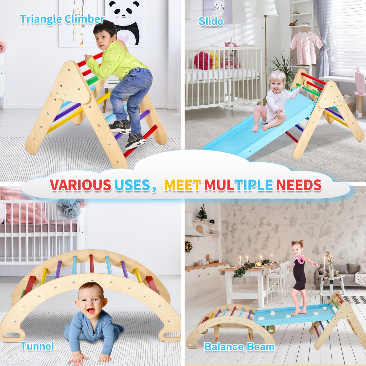 Gome Toddler 5In1 Play Gym With Ramp & Detachable Arch, Indoor Climbing Triangle Set For Sliding Or Rocking