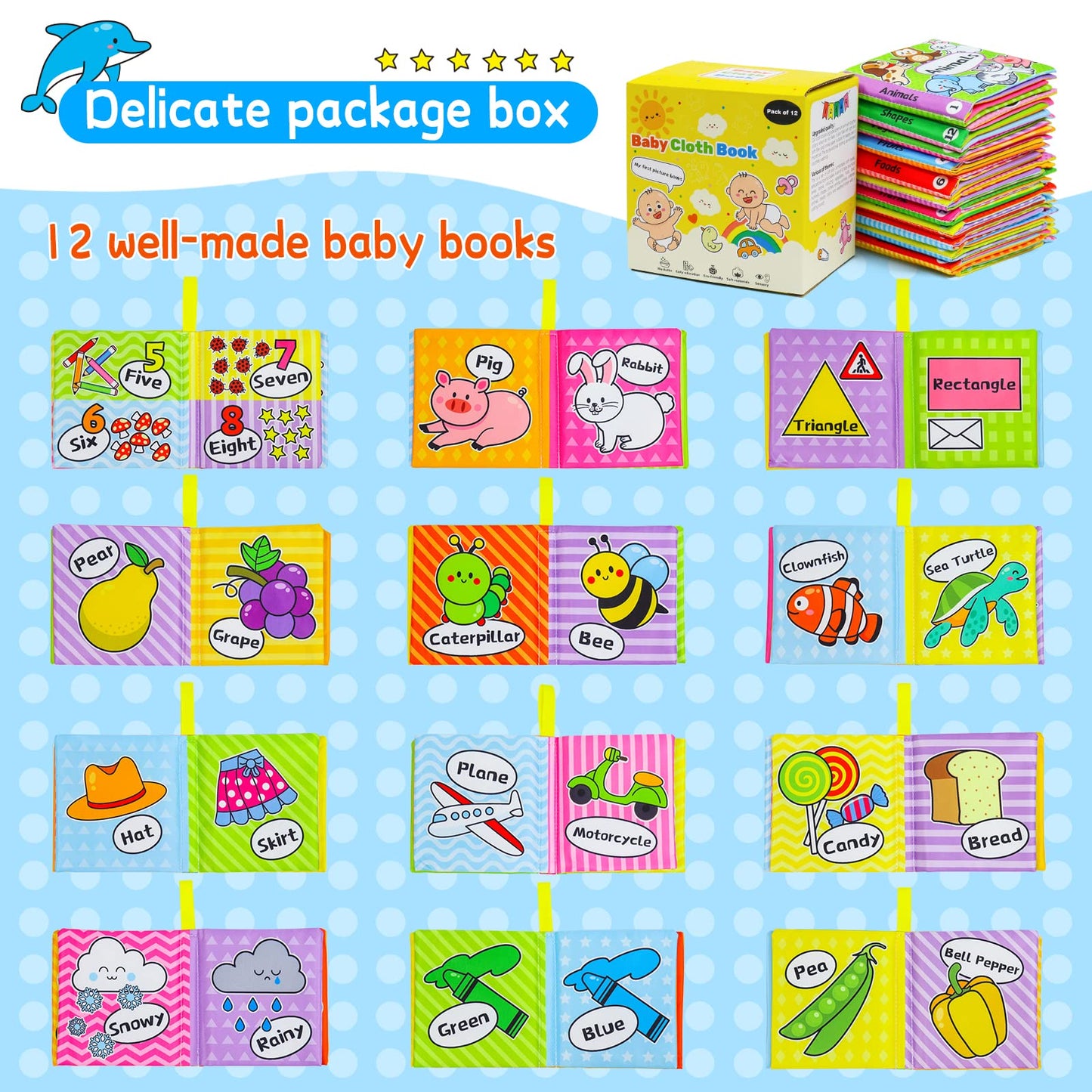 OKOOKO Soft Baby Books 12PCS Soft Cloth Books Bath Books Crinkle Washable Non-Toxic Early Education Preschool Learning Toy for N