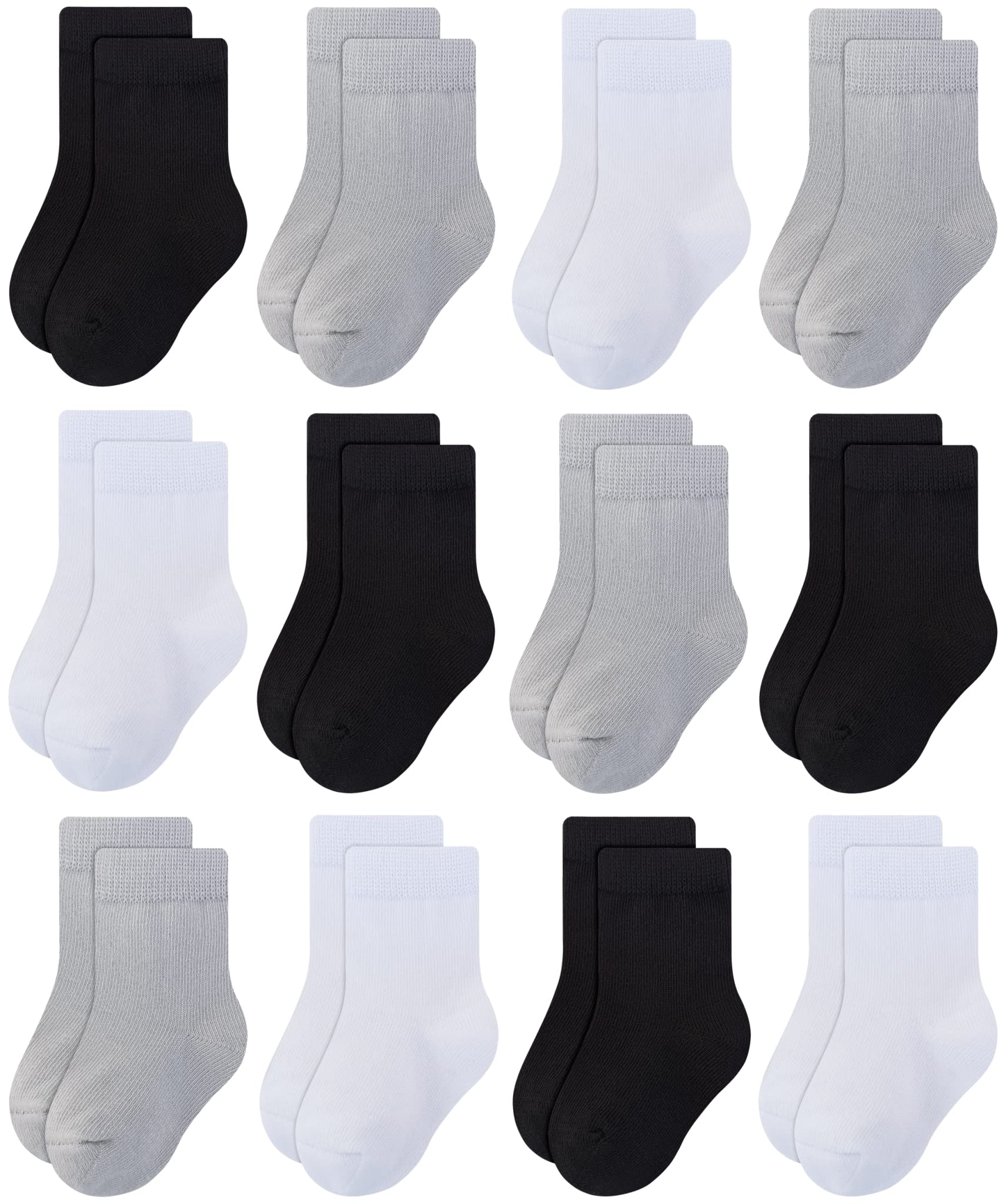 Rative 12-Pack Cotton Crew Socks For Unisex Baby Infant Toddler Kids Boys Girls(1-3T,12-Pairs/4Black+4White+4Grey)
