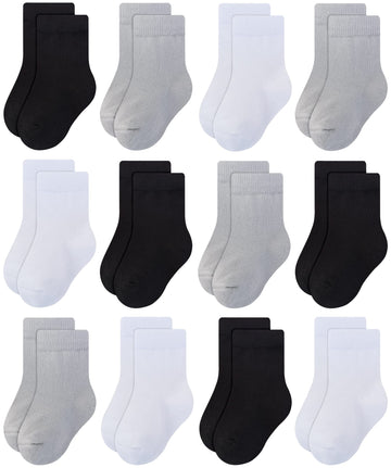 Rative 12-Pack Cotton Crew Socks For Unisex Baby Infant Toddler Kids Boys Girls(1-3T,12-Pairs/4Black+4White+4Grey)