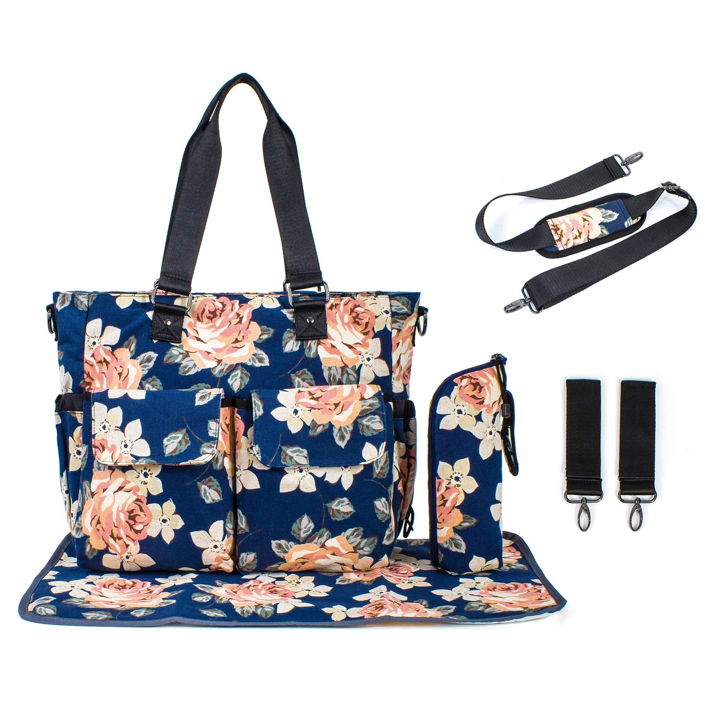 H Hikker-Link Womens Large Floral Waterproof Diaper Bag Weekend Bags Handbag For Mom Tote Bag Changing Pad Dark Blue