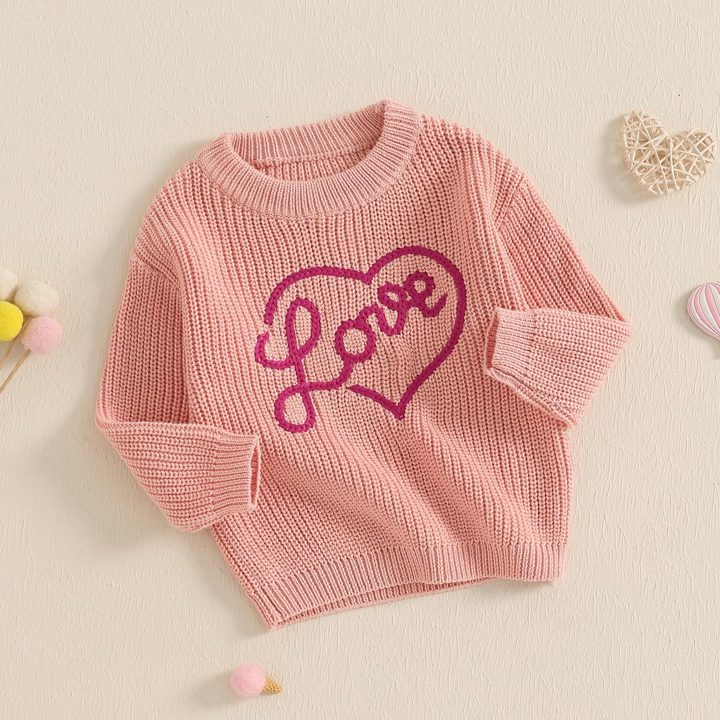 Nokpsedcb Baby Girl Cute Long Sleeve Heart Flowers Embroidery Oversized Sweater Toddler Valentine Outfit (Pink Love, 0-3 Months)
