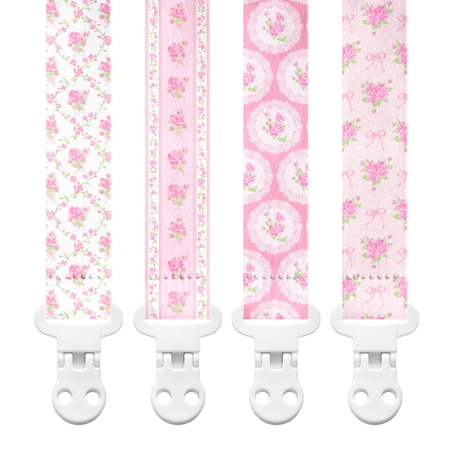 Stadela Baby Fabric Pacifier Clip Holder, Plastic Clip, 4-Pack, Floral Pattern, Juliette Set