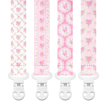 Stadela Baby Fabric Pacifier Clip Holder, Plastic Clip, 4-Pack, Floral Pattern, Juliette Set