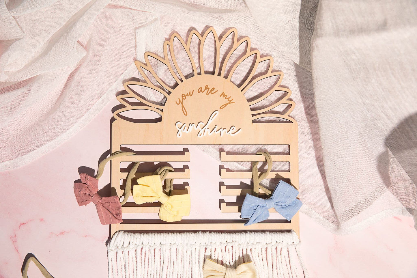 Daisy Frills Baby Toddler Little Girl Hair Bow Holder | Macrame Nursery Gift | You Are My Sunshine | Easily Clip Or Hang Hair Bo