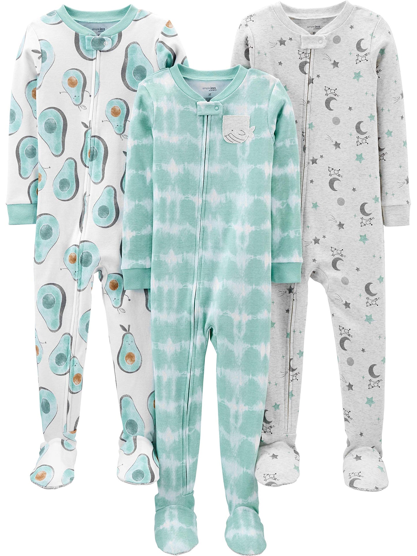 Simple Joys By Carter'S Baby Boys' Snug-Fit Footed Cotton Pajamas, Pack Of 3, Avocados/Tie Dye, 6-9 Months