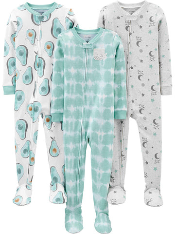Simple Joys By Carter'S Baby Boys' 3-Pack Snug Fit Footed Cotton Pajamas, Avocados/Night Sky Print/Tie Dye, 12 Months