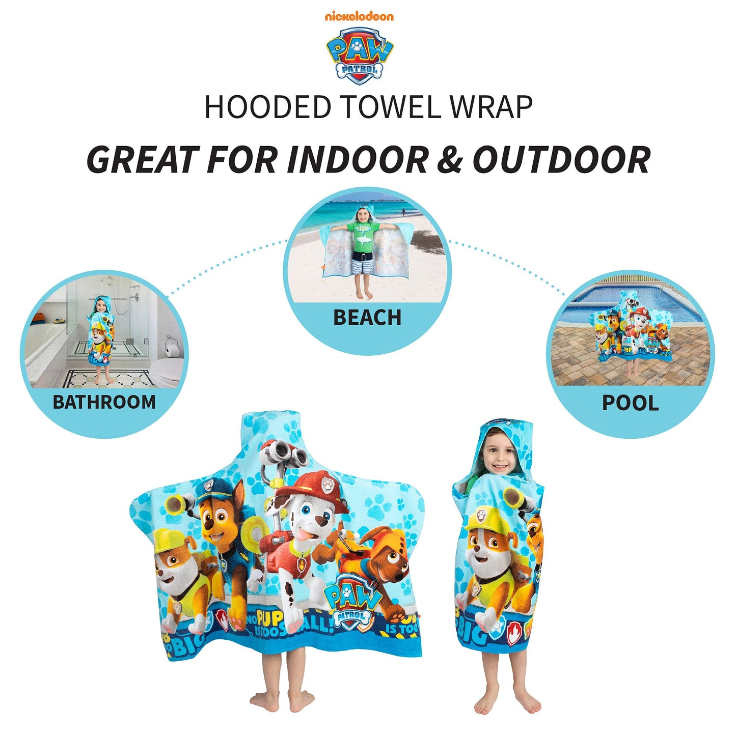 Franco Kids Bath And Beach Soft Cotton Terry Hooded Towel Wrap, 24' X 50', Paw Patrol Blue