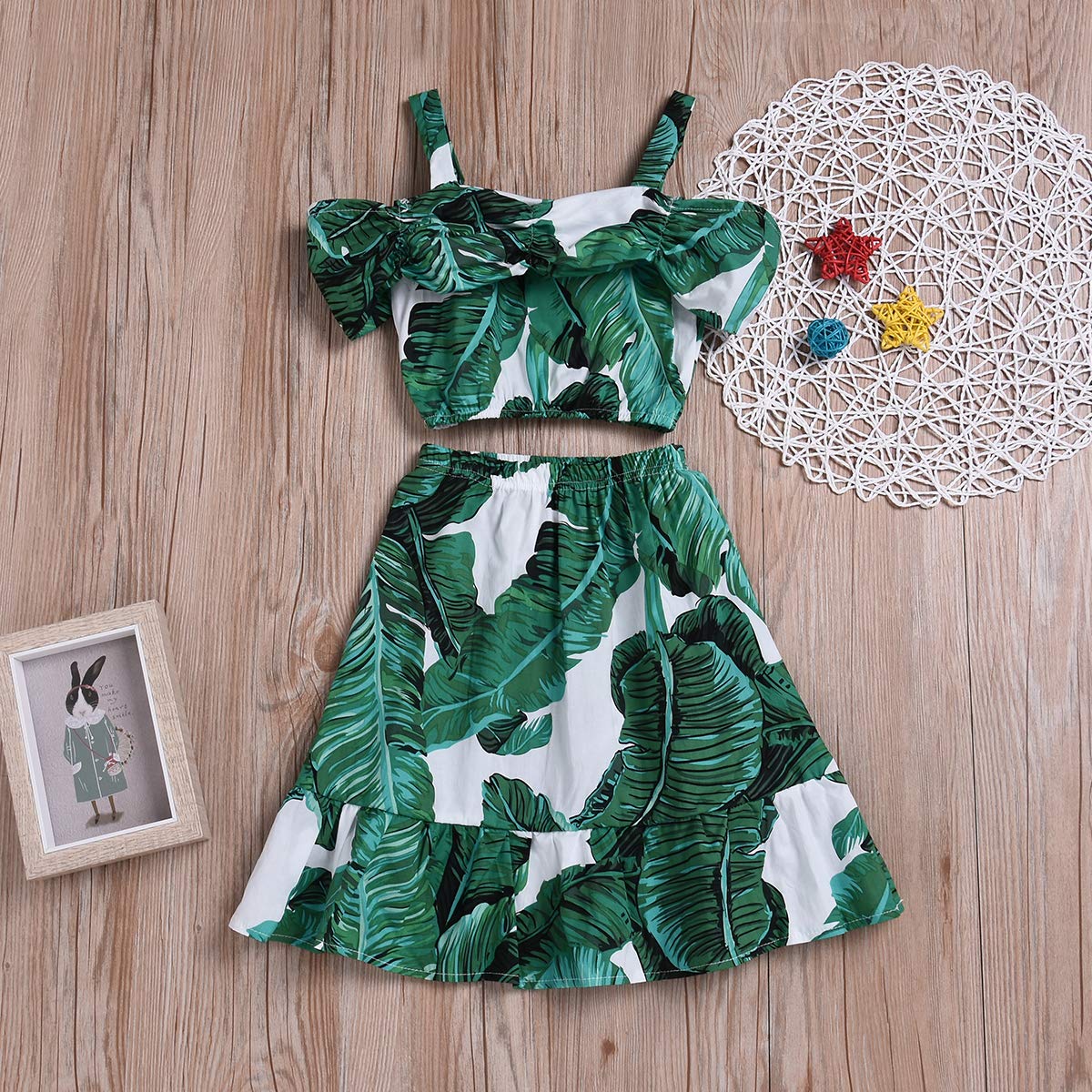 Boebnozcv Toddler Baby Girl Strap Banana Leaf Print Strappy Cold Shoulder Cropped Top + Long Skirts Outfits Clothes Set (Green,
