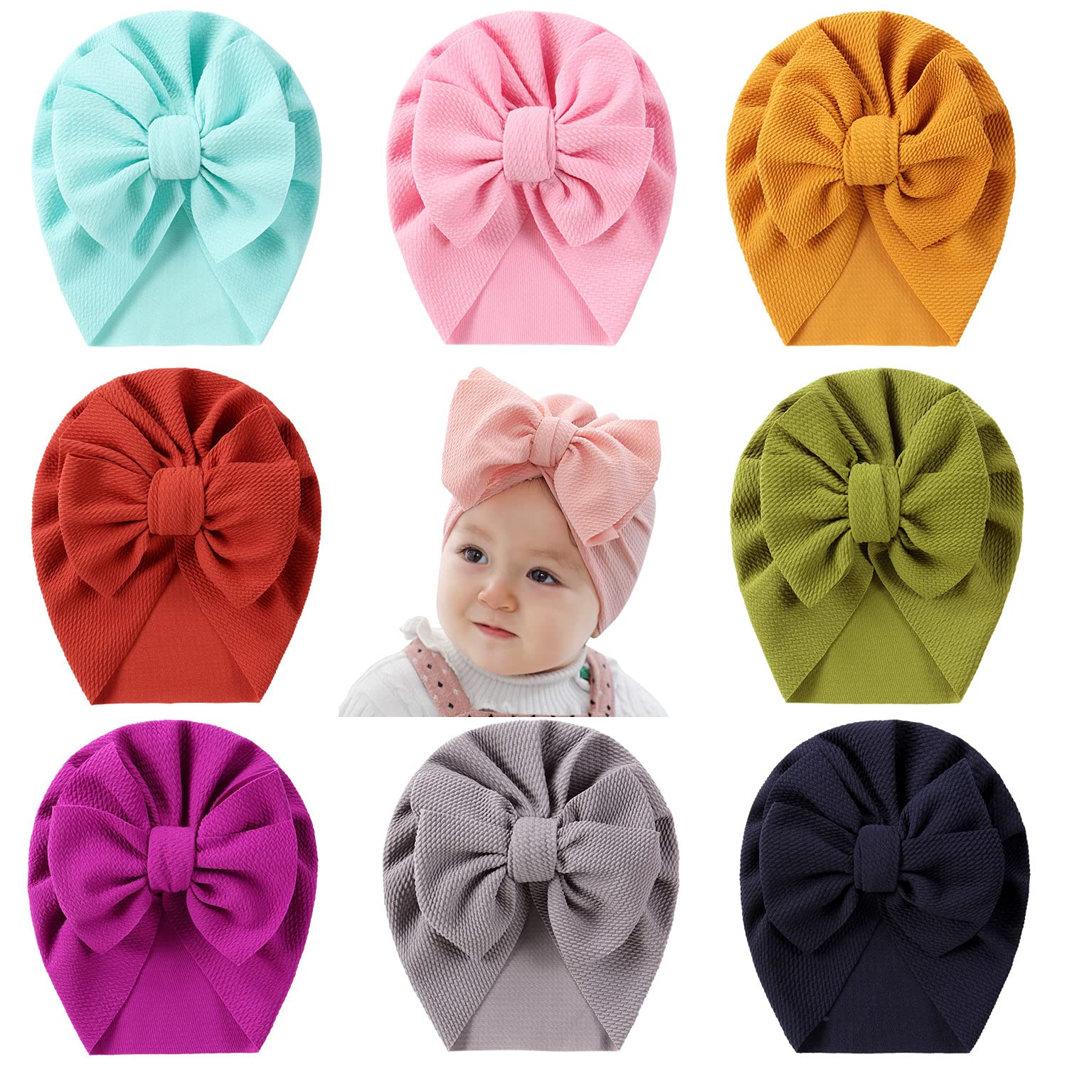 Cinaci 8 Pack Knotted Big Bowknot Hair Bow Turban Hats Beanie Caps Headwraps For Baby Girls Infants Toddlers Kids
