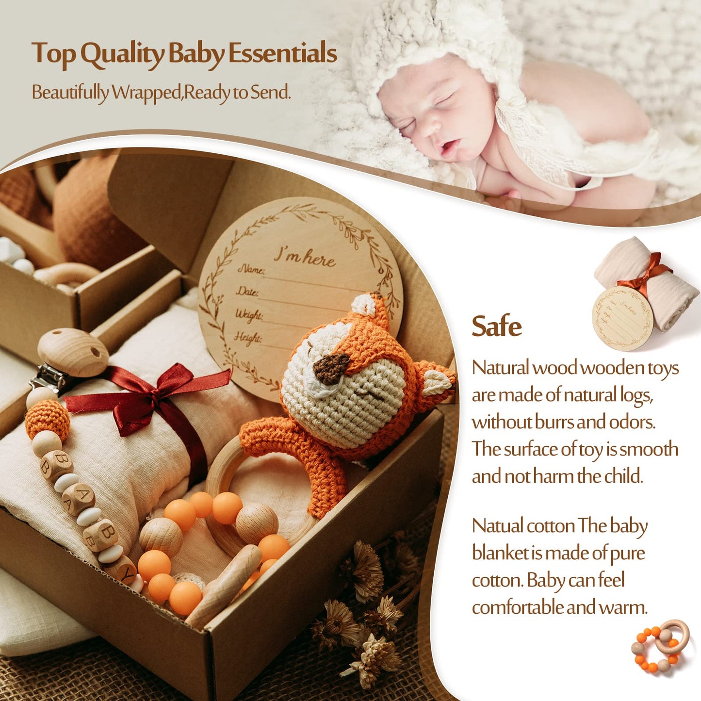 Baby Gift Set For Newborn New Baby Gift Set - 7 Pcs Newborn Baby Essentials Basket Baby Bath Set With Baby Blanket Baby Rattle -