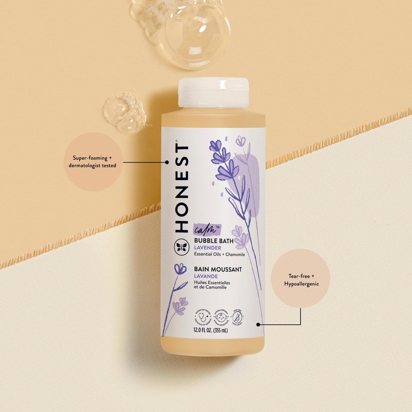 The Honest Company Foaming Bubble Bath | Gentle For Baby | Naturally Derived, Tear-Free, Hypoallergenic | Lavender Calm, 12 Fl O