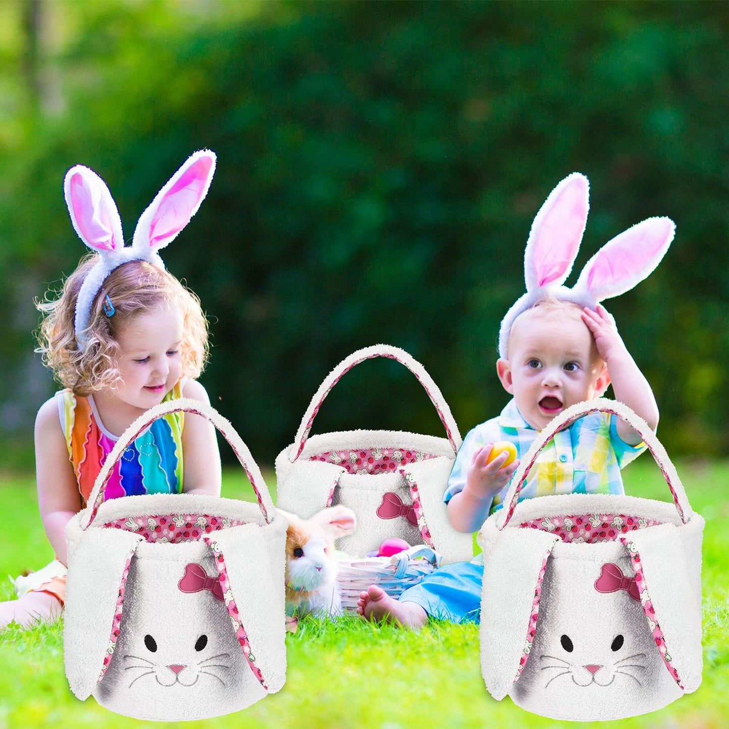 Easter Eggs Basket, Fluffy Bunny Baskets Cute Plush Rabit Basket With Foldable Bunny Ears, Easter Egg Hunts Easter Theme Party S