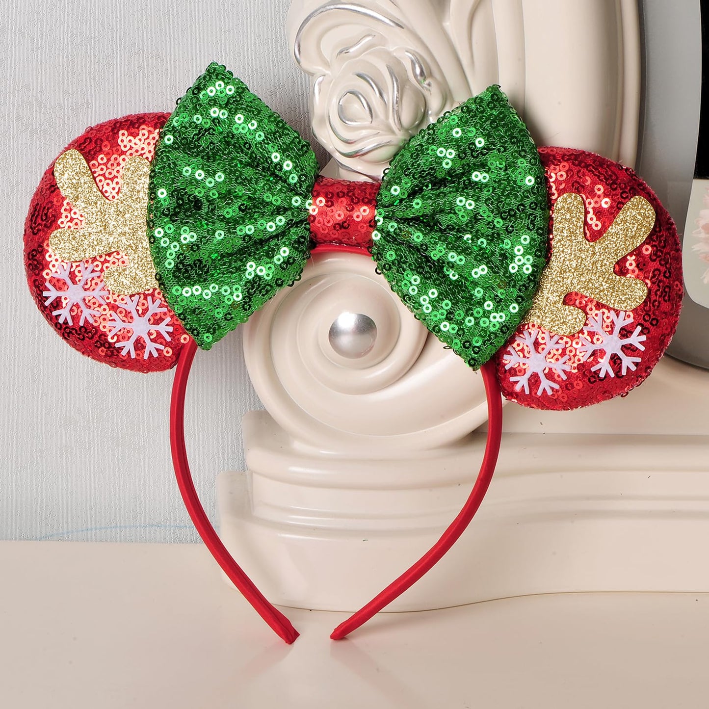 Eisyaa Christmas Minnie Ears Bow Headbands, Sequin Christmas Mickey Ears Headband Glitter Party Mouse Ears Princess Decoration C