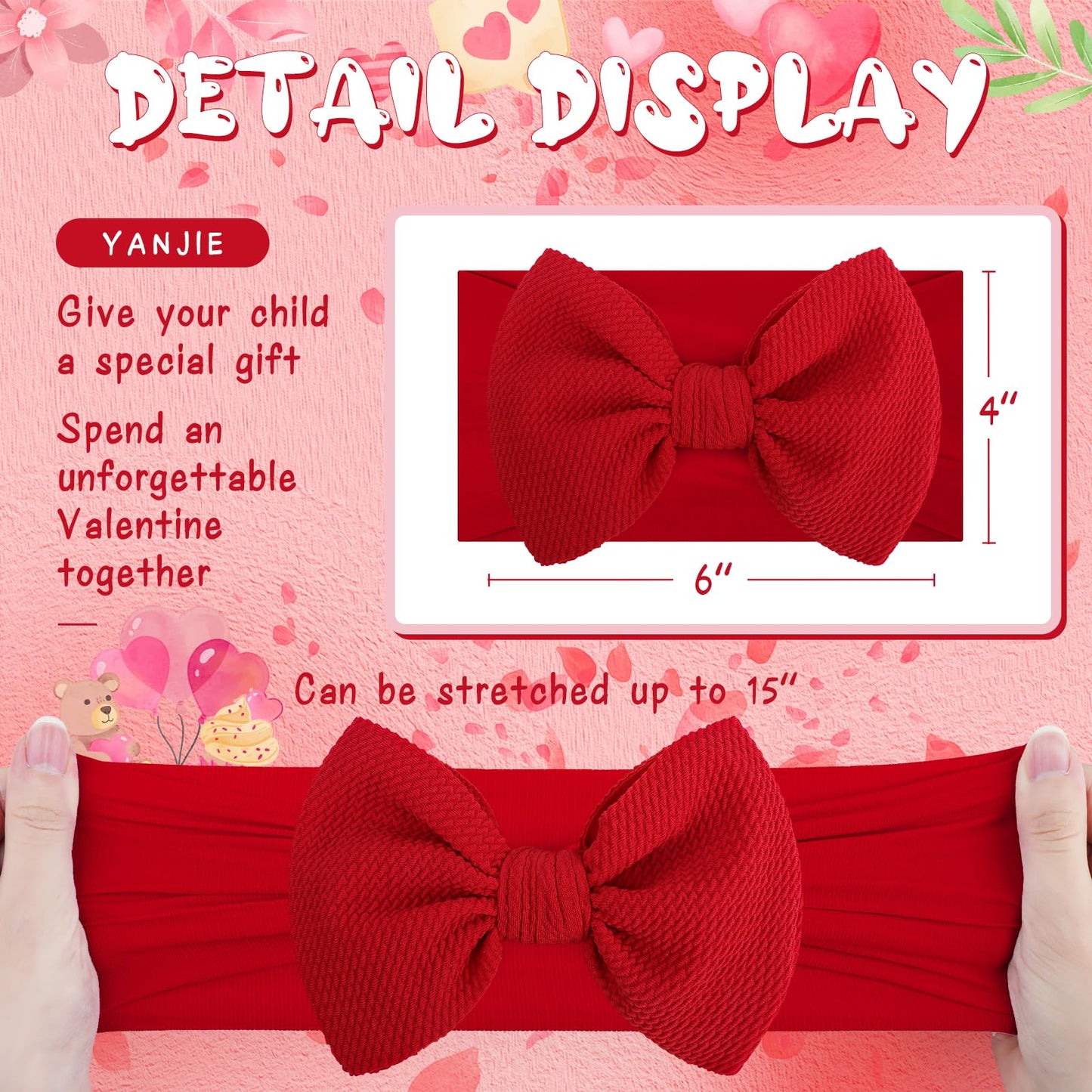 Yanjie Valentines Bows Baby Girl Headband Red Bow Baby Pink Headband Heart Newborn Wide Hairbands Valentines Gift Handmade Hair